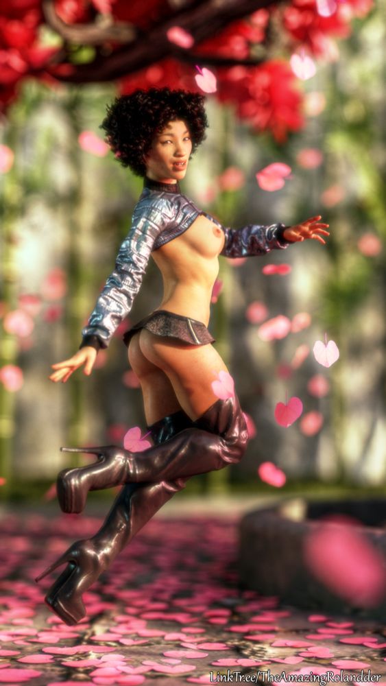 Ethnically ambiguous woman wearing what can charitably be called a skirt as it appears to be about three inches long, the sleeves and shoulders of a cropped shirt cropped well above the breasts, and thigh-high high-heel boots.  She is jumping in a park, on pavement, almost certainly going to break her ankles when she lands, but doesn't seem to care.  She's smiling at the camera and twisted in such a way that you can see most of her ass and one nipple of her breasts.  Maybe both if you squint right.  As this is all CG, no actual person is in danger of snapping their ankles as my god, she is going to break everything when she lands.  Style over substance, am I right?