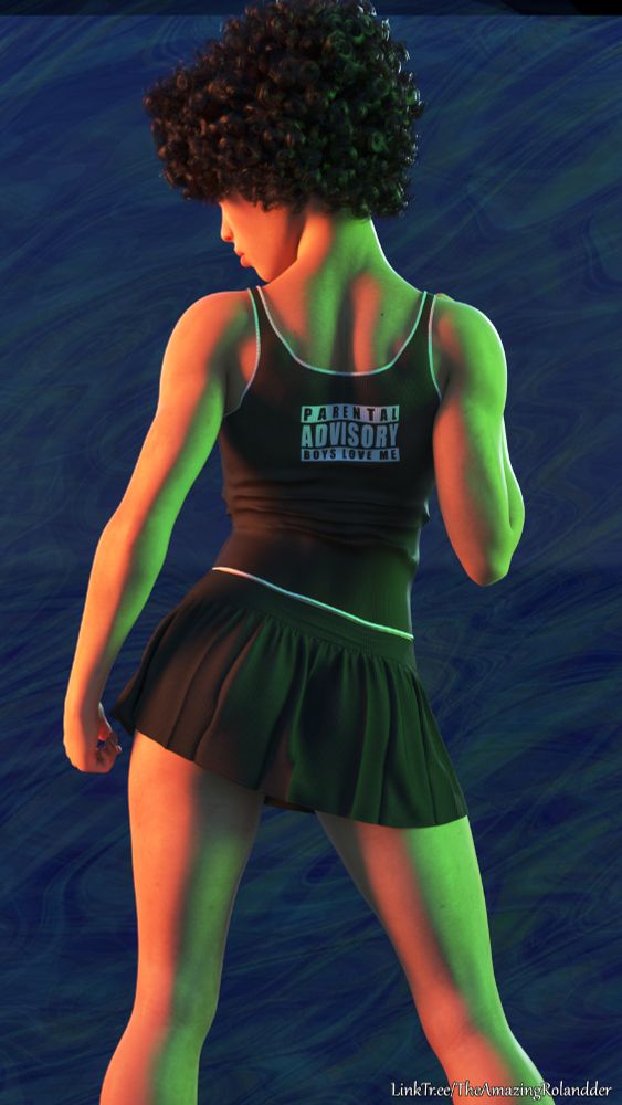 Ethnically ambiguous woman from behind.  The background is a field of dark blue swirls.  She is wearing a black tank-top and a short black skirt, her hips cocked to her and the viewer's left.  Her right hand is raised to her shoulder, invisible to the viewer. Her left is at her side in a loose fist.   The skirt almost reveals her butt.  The back of her tanktop says "Parental Advisory: Boys Love Me" in the same style of the Parental Advisory stickers on music albums