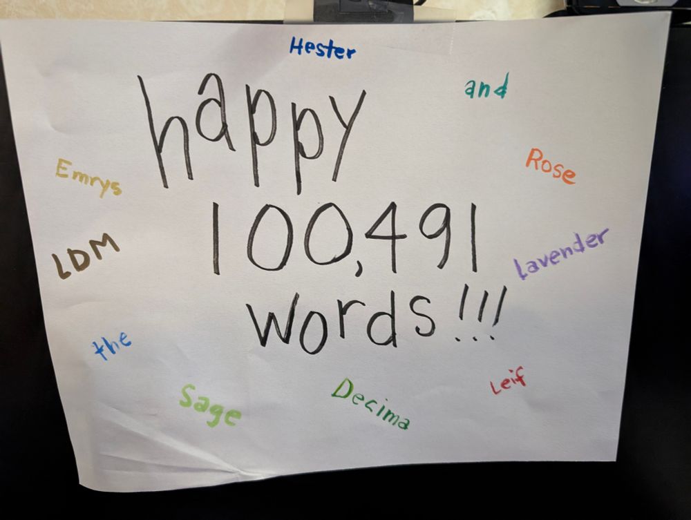 A handmade sign in multiple colors that says "happy 100,491 words!!!"  And has the names of all the characters from my current book on it. 