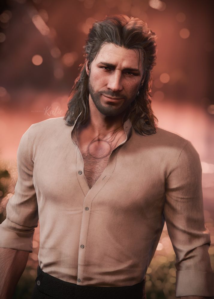 a photo of Gale Dekarios from Baldur’s Gate 3. He is a human man with shoulder-length, greying brown hair that is tied half back into a bun. He has brown eyes and a neatly trimmed beard. He is wearing a cream colored shirt that is half unbuttoned and a silver earring in his left ear. He smiles softly at the viewer as he stands in a garden at sunset.