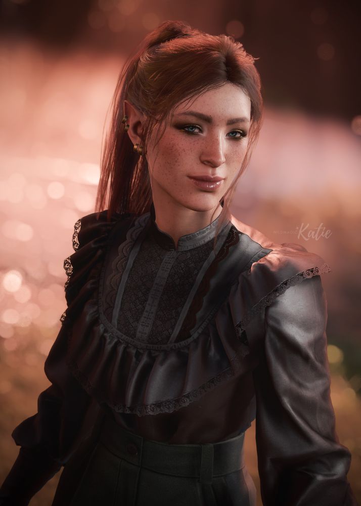 A photo of Willow, a half-elf Tav from the game Baldur’s Gate 3. She has reddish-brown hair that is tied back into a ponytail and blue eyes. She wears a dark blouse, green pants, and 4 gold hoop earrings in each ear. She smiles softly at the viewer as she stands in a garden at sunset. 