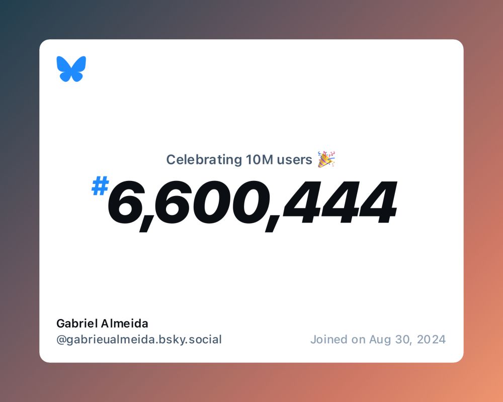 A virtual certificate with text "Celebrating 10M users on Bluesky, #6,600,444, Gabriel Almeida ‪@gabrieualmeida.bsky.social‬, joined on Aug 30, 2024"