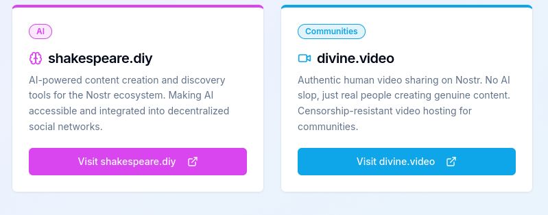 A screenshot of two info boxes--the previous one for shakespear.diy and one for divine.video. The description for divine.video reads "Authentic human video sharing on Nostr. No AI slop, just real people creating genuine content. Censorship-resistant video hosting for communities."