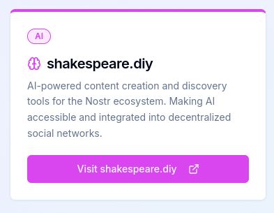 A screenshot of an infobox. The title reads "shakespeare.diy." The description reads "AI-powered content creation and discovery tools for the Nostr ecosystem. Making AI accessible and integrated into decentralized social networks."