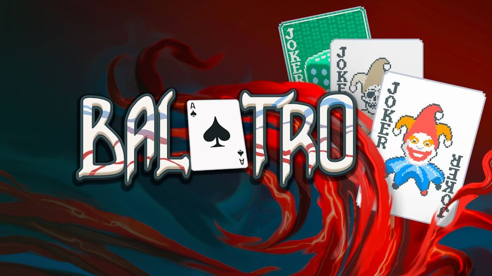 Balatro banner. It features the game's logo (The word Balatro with the second A replaced by the ace of spades) and 3 joker cards.