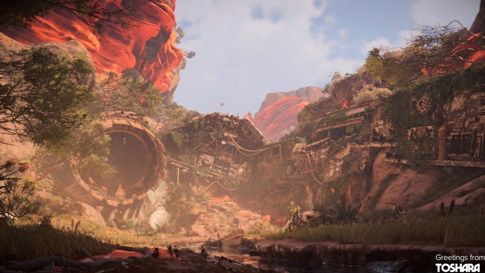 Star Wars Outlaws screenshot. It shows the wreckage of a large space ship that has crashed into a valley on Toshara. The ship is overgrown and has visibly been there for many years.