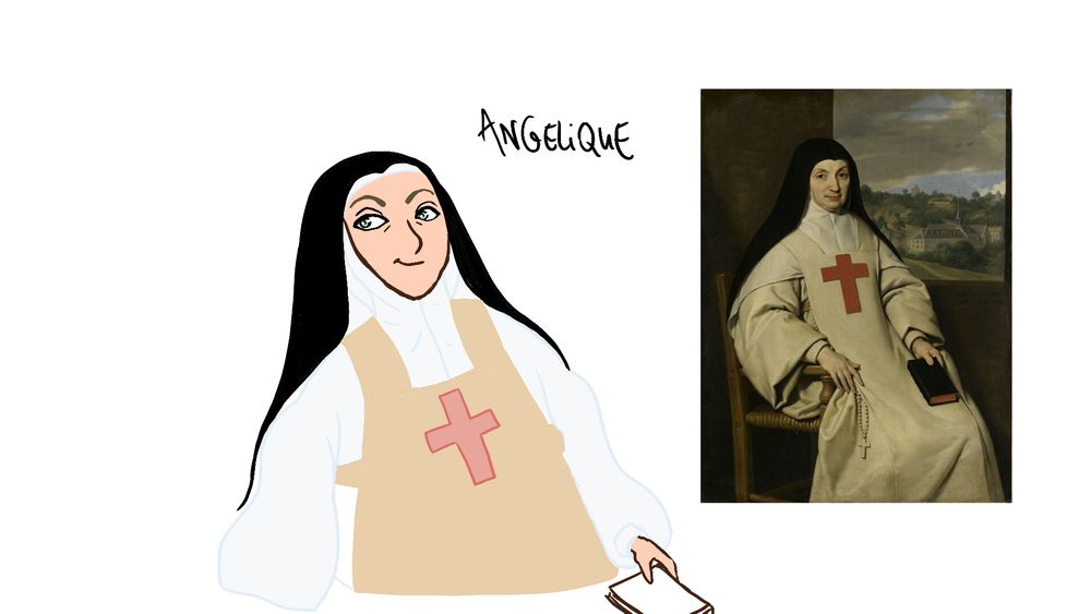 Angelique Arnauld drawing by Joy, based on de Champaigne painting, on the right.  