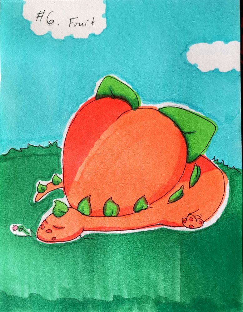 A peach colored dragon sleeping on a green grassy field next to a large peach