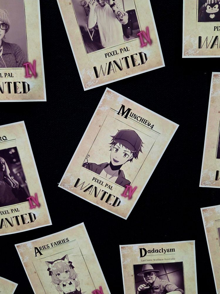 Me on a wanted poster, surrounded by other content creator wanted posters showing the many Pixel Pals.