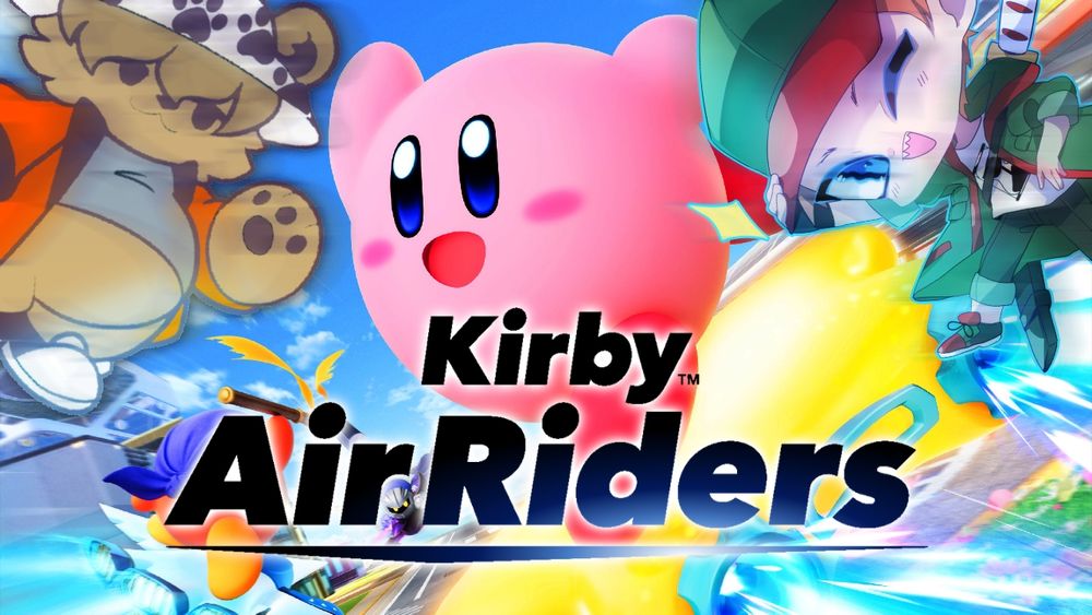 Chibi's of Munch and Tooshie speed through the Kirby Air Riders key art.