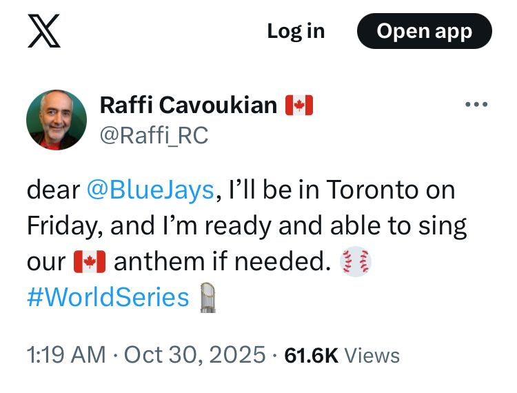 Screenshot of Raffi’s post from Twitter/X offering to sing the national anthem at Game 6