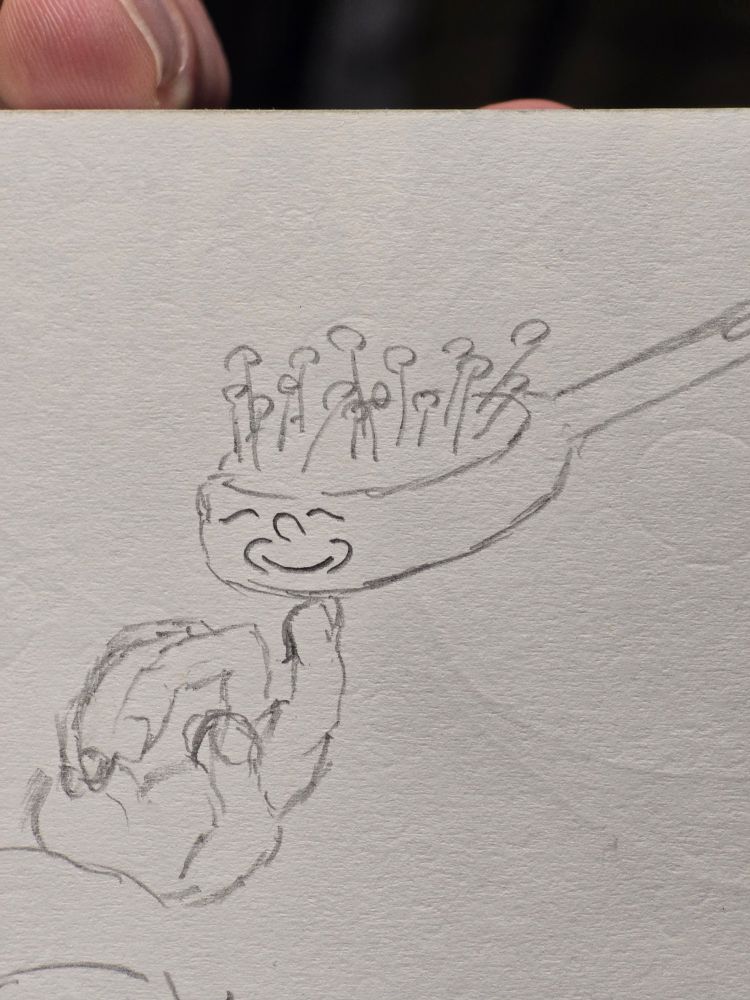 Bleistiftzeichnung einer Haarbürste, die am "Kinn" gejrault wird