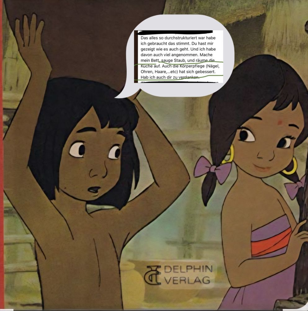 Szenw aus dem Dschungelbuch bei dem Mogli einen Krug Wasser auf dem Kopf trägt und zu einem Mädchen den Text aus dem Ursprungspost sagt.