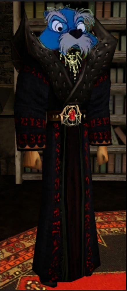 Bild vom Schwarzmagier Xardas aus Gothic I.
Der Kopf wurde mit dem des bkauen Eichhörnchens Merlin aus dem Film die Hexe und der Zauberer ersetzt.