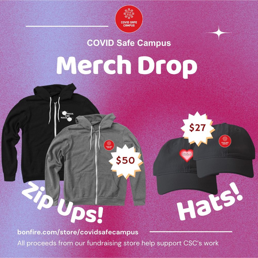 COVID Safe Campus Merch Drop flier: zip ups and hats.   To the left of the image are black and gray zip up hoodies with various designs. The design on the black zip up hoodie features our "Mask for Mask" design. 2 white KN95 masks offset diagonally from each other. White block letters between the masks read “Mask For Mask” in all caps. The design on the gray hoodie features the COVID Safe Campus logo, a red circle outlined in white with a white virus particle and white text which reads "COVID Safe Campus." Above the jackets is a spiked shape containing the price "$50." Below the jackets in white bold text reads "Zip Ups!"   To the right of the image are a black and gray baseball cap with various designs. There is a black baseball cap featuring a design with our "Mask up heart" design. A large red heart with concentric hearts inside it in decreasing size. The hearts are increasingly lighter shades of pink. White bubbly text with a red outline reads “Mask up”. The other baseball cap features the COVID Safe Campus logo. Above the hats in a spiked shape labelled "$27." Below the t-shirts in white bold text reads "Hats!"   In the bottom left of the slide in white text reads "All proceeds from our fundraising store help support CSC’s work" along with the link to the shop: bonfire.com/store/covidsafecampus.