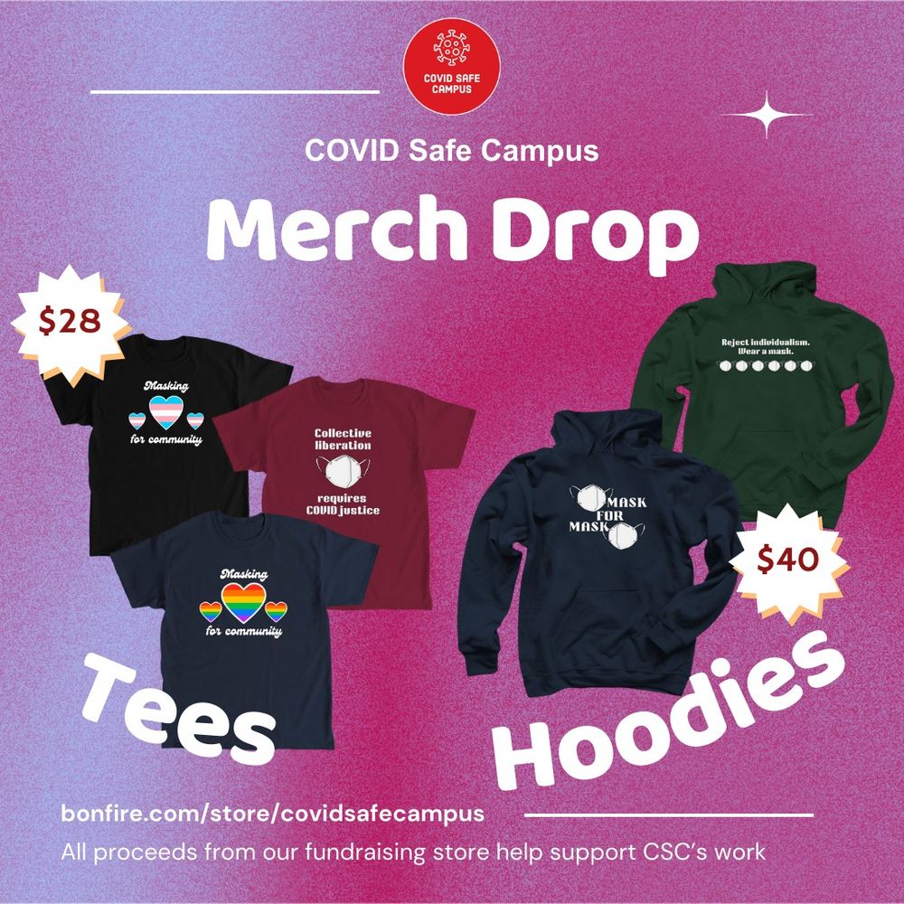 COVID Safe Campus Merch Drop. Tees. Hoodies. To the left of the image are black, red, and navy t-shirts with various designs. The first shirt features our "masking for community trans pride hearts" design. White script reads “Masking for community”. A large heart with a small heart on either side of it. The hearts have the stripes of the trans flag inside them. The second shirt features our "collective liberation and COVID justice" design. White text above reads “Collective liberation”. Below is a white KN95 mask.Text continues “requires COVID justice”. The third shirt features our masking for community pride hearts design. White script reads “Masking for community”. A large heart with a small heart on either side of it. The hearts have the stripes of the rainbow pride flag inside them. Above these shirts is a spiked shape labelled with their price "$28." Below the t-shirts in white bold text reads "Tees."   To the right of the image are navy and green pullover hoodies with various designs. The first hoodie features our "mask for mask" design. 2 white KN95 masks offset diagonally from each other. White block letters between the masks read “Mask For Mask” in all caps. The second hoodie features our "reject individualism" design. White text reads “Reject individualism. Wear a mask.” Below the text is a row of white KN95 masks.   Above these shirts is a spiked shape labelled with their price "$40." Below the hoodies in white bold text reads "Hoodies."   In the bottom left of the slide in white text reads "All proceeds from our fundraising store help support CSC’s work" along with the link to the shop: bonfire.com/store/covidsafecampus.