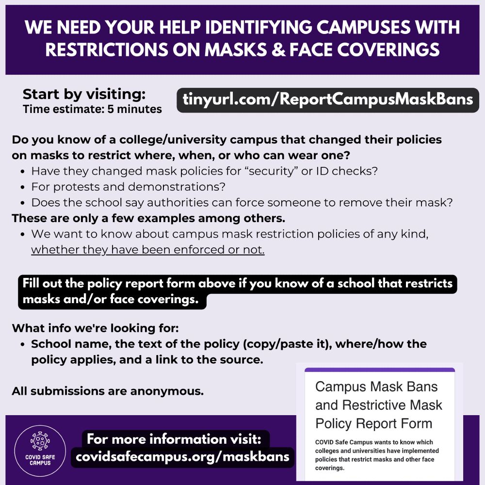 We need your help identifying campuses with restrictions on masks & face coverings. Start by visiting: tinyurl.com/ReportCampusMaskBans . Time estimate: 5 minutes. Do you know of a college/university campus that changed their policies on masks to restrict where, when, or who can wear one? Have they changed mask policies for “security” or ID checks? For protests and demonstrations? Does the school say authorities can force someone to remove their mask? These are only a few examples among others. We want to know about campus mask restriction policies of any kind, whether they have been enforced or not. Fill out the policy report form above if you know of a school that restricts masks and/or face coverings. What info we're looking for: “School name, the text of the policy (copy/paste it), where/how the policy applies, and a link to the source.” All submissions are anonymous. For more information visit: covidsafecampus.org/maskbans . The COVID Safe Campus logo is shown at the bottom left corner. On the opposing corner there is a screenshot of the Campus Mask Bans and Restrictive Mask Policy Report Form with the subheader “COVID Safe Campus wants to know which colleges and universities have implemented policies that restrict masks and other face coverings.”