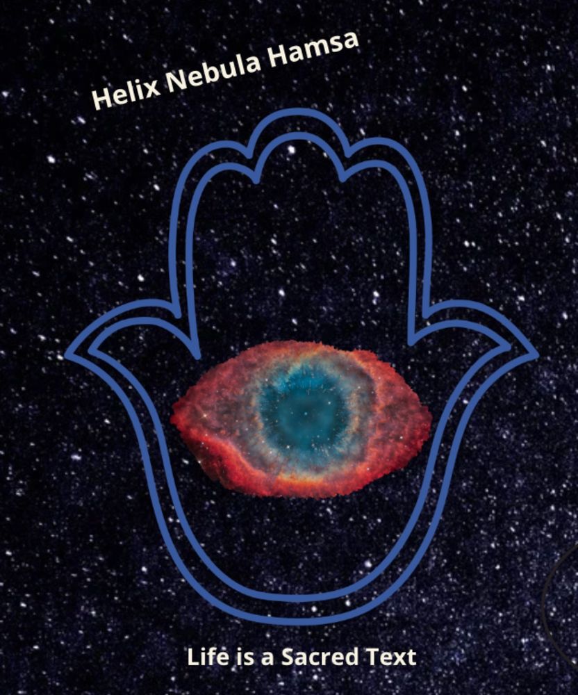 dark-purple background speckled with numerous small, white dots, simulating stars. A hand-like shape in a muted blue-purple, in the shape of a hamsa (protective hand) symbol, with the outline encompassing a central area where a planetary nebula, the Helix Nebula is placed. The nebula appears as a fiery mix of orange, red, and teal surrounding a dark core.