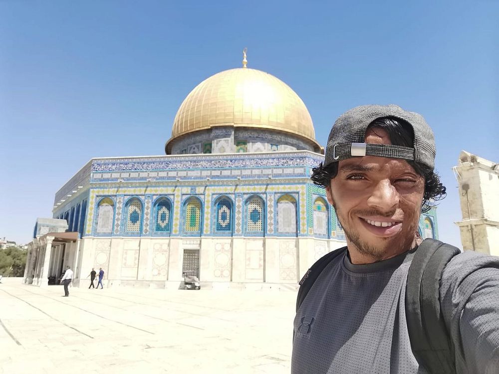 Awdah Hathaleen in front of Al-Aqsa Mosque, Jerusalem