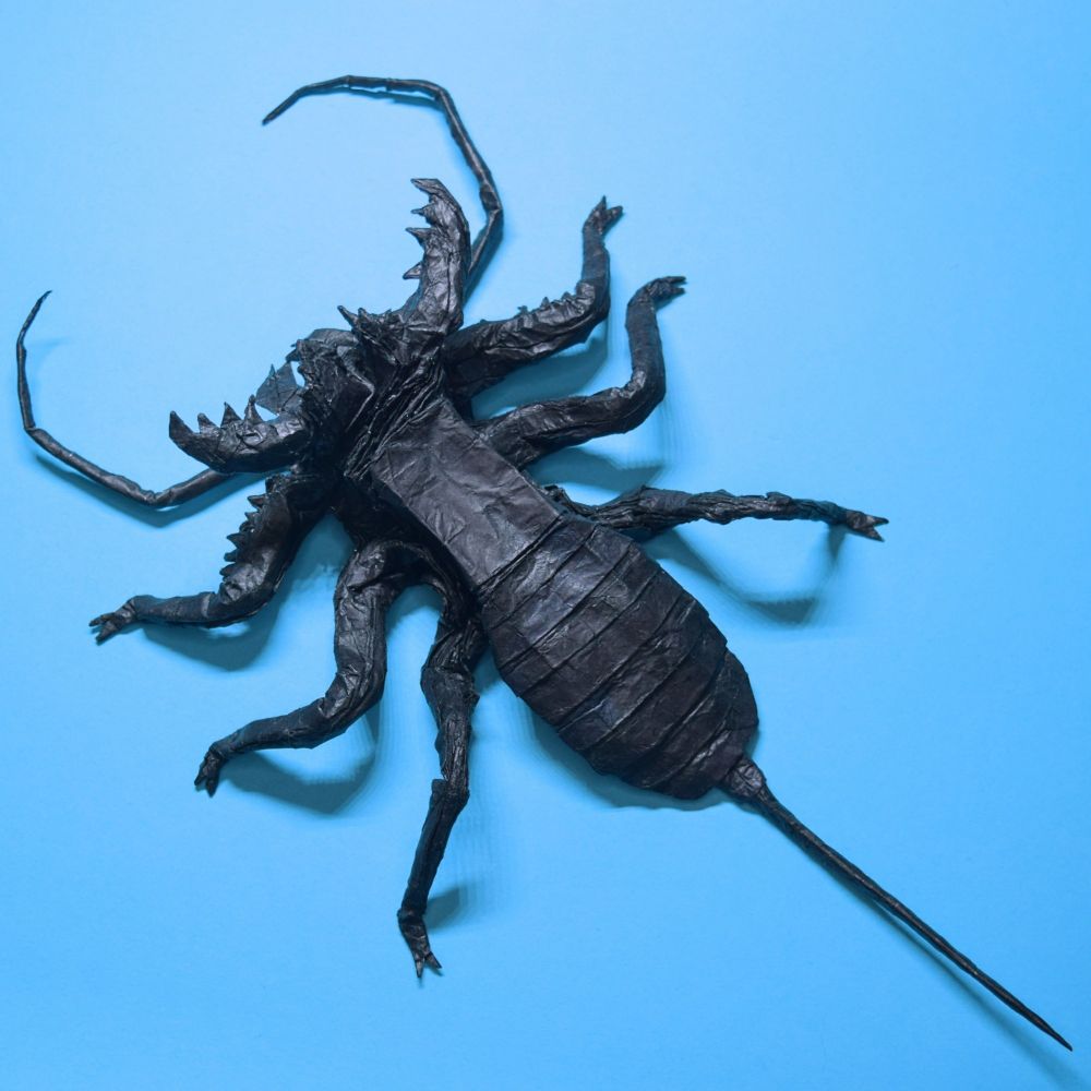 This model takes the #1 spot in complexity for me.
It's supposed to represent Parageralinura, a prehistoric vinegaroon, and it's based on an 80 by 80 unit diagonal grid. Designed in 2022.
This was a revision of an older model from 2020, it had some kinks which needed to be ironed out.
This new one has a more streamlined structure but packs more detail.
Most importantly, the pedipalps have spiky gnathobases now, which was one of the details which didn't pan out as intended on the previous attempt due to me making a mistake when allocating space for those structures in the original layout.