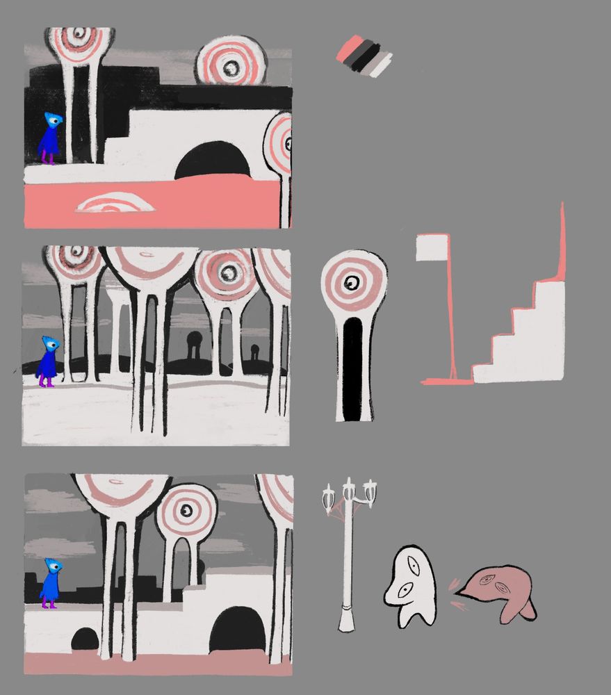 concept art of the training hall level, including a running enemy. the colors are grey, black, white and pink.