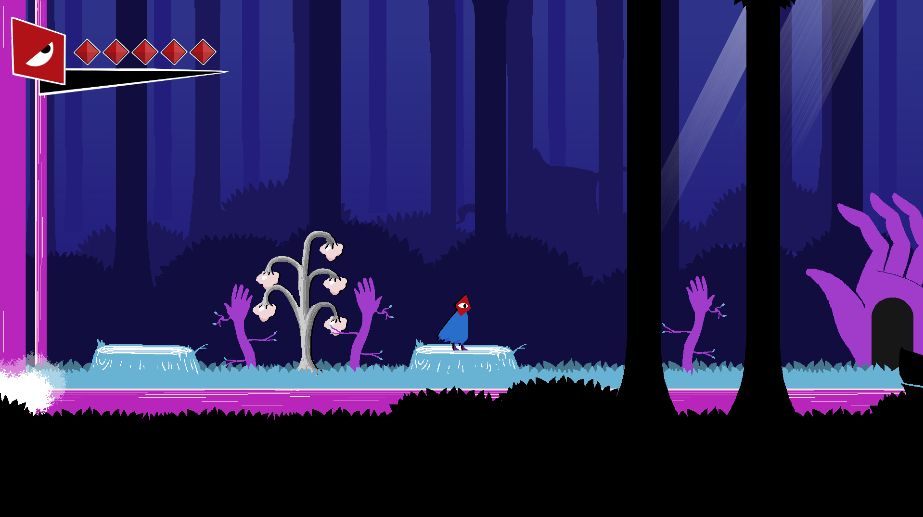 Ders Quera chillin' in Tranquil Fields. They have a red diamond for a head and are standing on a turquoise tree stump. They're in a blue forest with pink waterfalls.