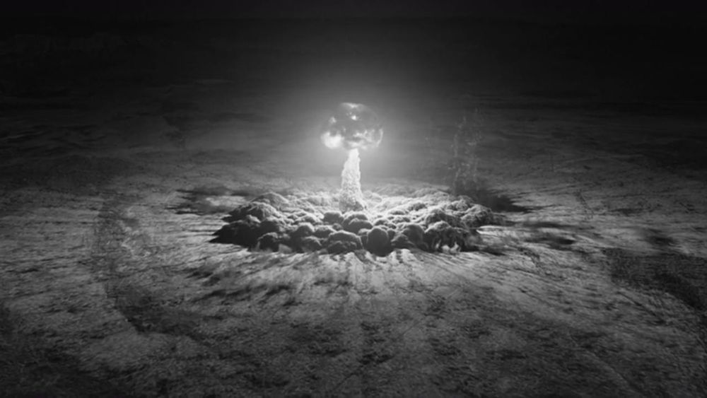 Gorgeous, haunting black and white image of the detonation of an atomic bomb from high in the air. 