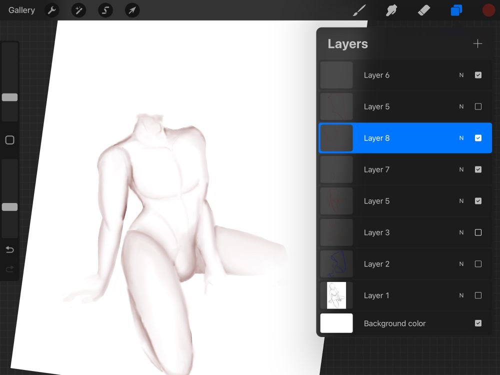 Sketch of a suggestive pose, a man sitting on the back of his legs with one hand behind him and one resting just by his inner thigh. Only it’s just the shading of the figure so far.