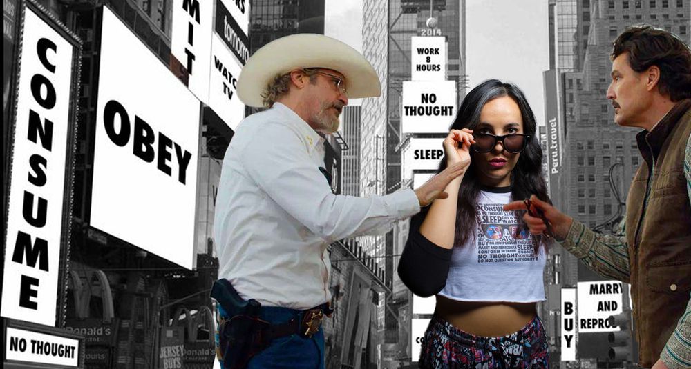 Photoshop of Eddington actors with Dorina in front of billboards from the movie They Live