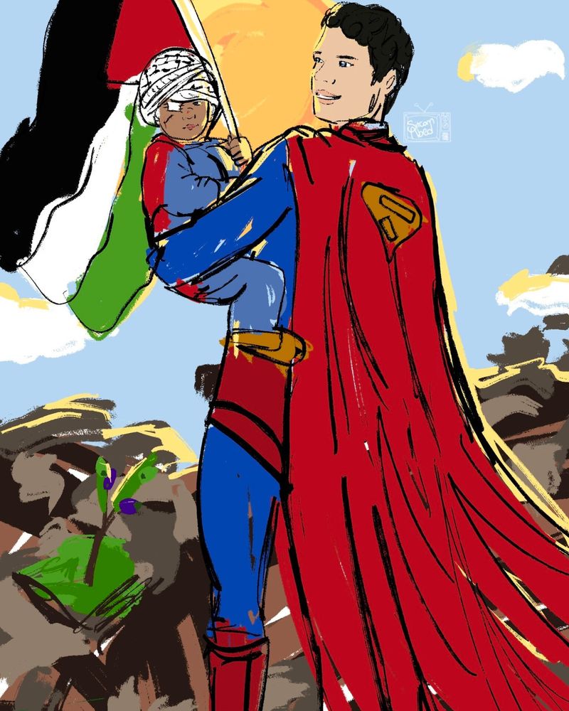 Artwork showing Superman holding a Palestinian child with their flag