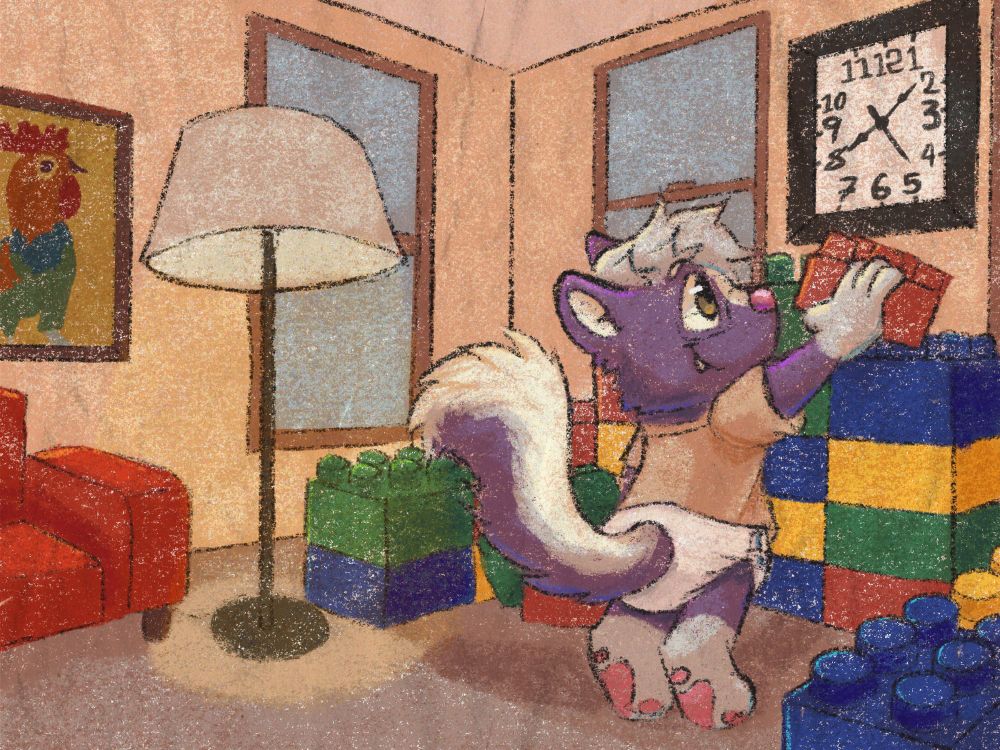 Digital crayon-style illustration of Shmuli the purple little skunk. He is building a fort with oversized Lego blocks in a living room while wearing a t-shirt and a diaper.