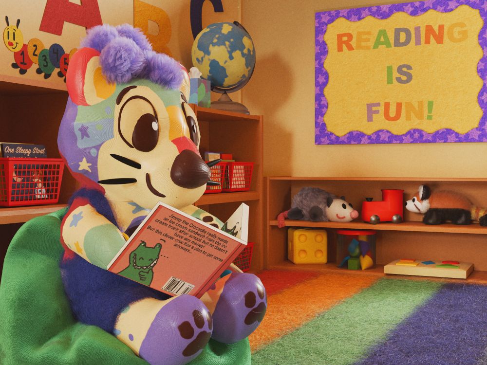 3D render of Fisher the rainbow ball pit otter. There is a lot of detail in the scene. Everything has a crafty aesthetic: fabrics are wooly, Fisher is made out of clay, the toys are made of plastic and faux fur, etc. Fisher is quietly sitting in the corner of a classroom library on a bean bag chair, contently reading a book. The front cover of the book isn't visible, but the back has some text about a crocodile who wants an ice cream sandwich, but doesn't have any money. There are other books too, the most prominent of which is entitled "One Sleepy Stoat", and sits in one of many red book bins on the shelves. There is a globe and a tissue box on top of the bookshelves. There are toys on a shorter bookshelf: an opossum plushie, a train, a red panda plushie, an oversized foam die, a container full of colorful blocks of various shapes, and a board that has various shapes. There is a bulletin board with the text "READING IS FUN!" in rainbow letters, a rainbow caterpillar with each segment of its body having a sequential number, and big ABC letters hung up on the walls. A rainbow rug sits on the bottom of the floor.