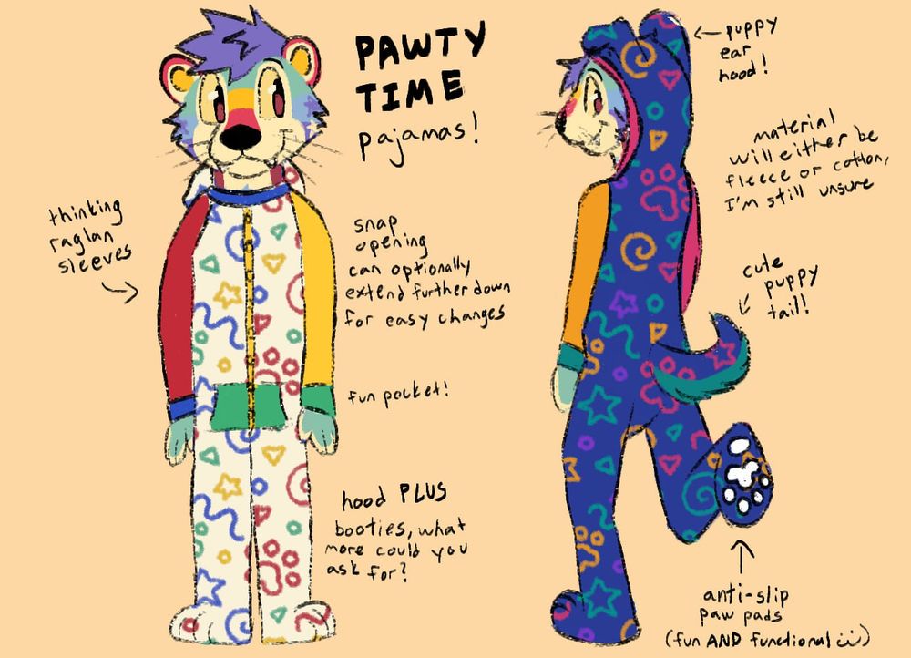 Drawing of Fisher the otter in a set of puppy arcade carpet inspired full-body pajamas. They’re very colorful! They feature a tail and puppy ears and anti-slip puppy paw pads on the feet.

The front view is the light mode, and the back view is the dark mode.