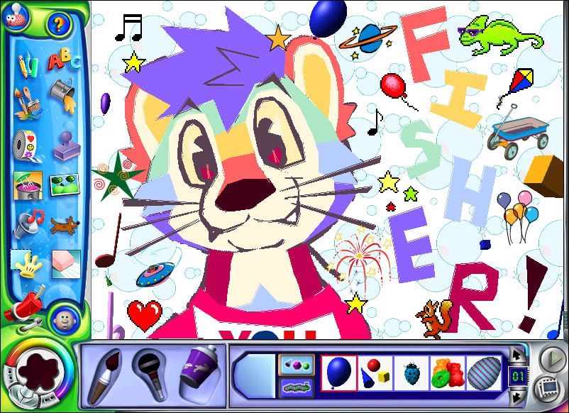 Headshot drawing of Fisher the otter drawn in the children’s art program Kidpix. Assorted objects are stamped around him