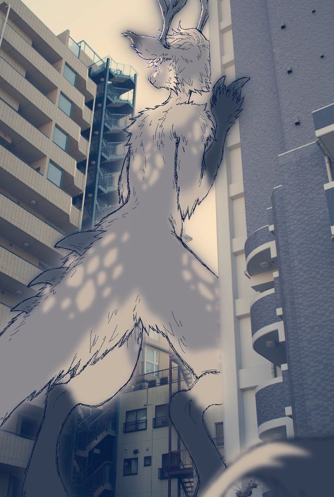 Marble as a kaiju imposed over a picture in Minato, Tokyo. Art by notyet-here