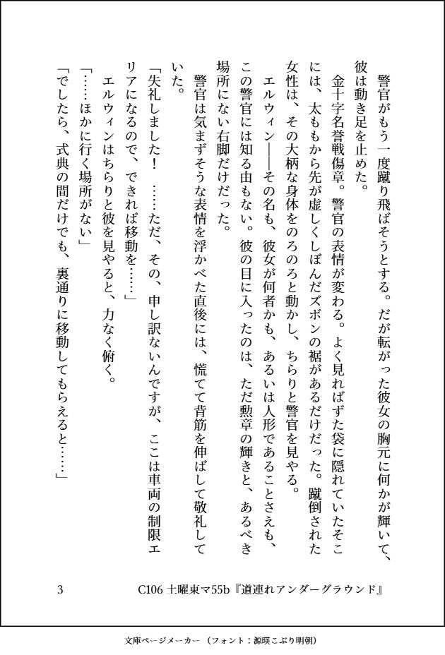 　警官がもう一度蹴り飛ばそうとする。だが転がった彼女の胸元に何かが輝いて、彼は動き足を止めた。
　金十字名誉戦傷章。警官の表情が変わる。よく見ればずた袋に隠れていたそこには、太ももから先が虚しくしぼんだズボンの裾があるだけだった。蹴倒された女性は、その大柄な身体をのろのろと動かし、ちらりと警官を見やる。
　エルウィン――その名も、彼女が何者かも、あるいは人形であることさえも、この警官には知る由もない。彼の目に入ったのは、ただ勲章の輝きと、あるべき場所にない右脚だけだった。
　警官は気まずそうな表情を浮かべた直後には、慌てて背筋を伸ばして敬礼していた。
「失礼しました！　……ただ、その、申し訳ないんですが、ここは車両の制限エリアになるので、できれば移動を……」
　エルウィンはちらりと彼を見やると、力なく俯く。
「……ほかに行く場所がない」
「でしたら、式典の間だけでも、裏通りに移動してもらえると……」