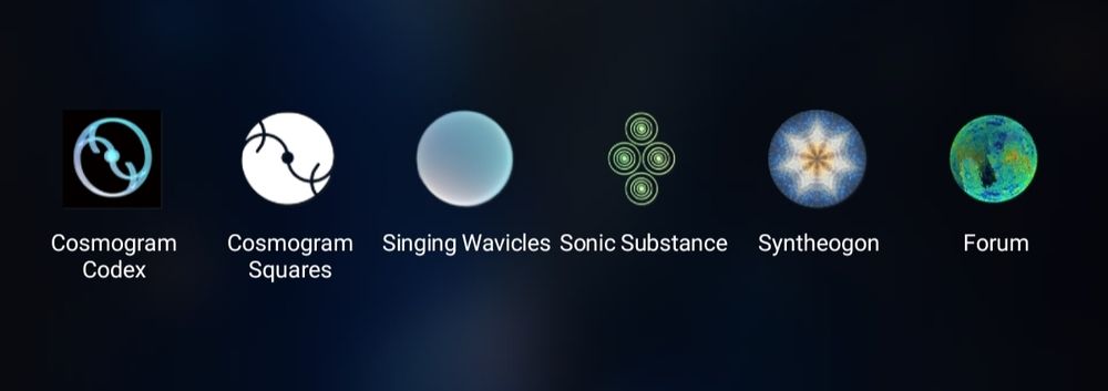 A row of app icons: Cosmogram Codex, Cosmogram Squares, Singing Wavicles, Sonic Substance, Syntheogon, and Forum