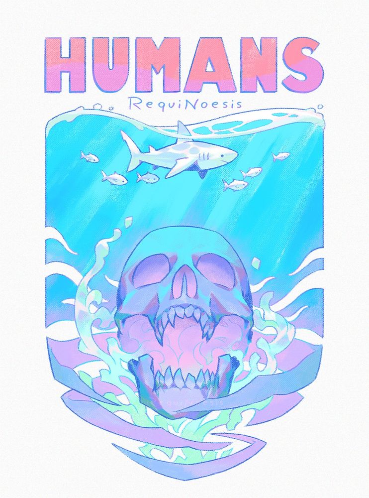 An allegory of the "Jaws" movie poster that caused damage and negative stereotypes to the image of sharks that persist to this day (I'm glad it's slowly changing, but it's still too slow to be considered forgivable). Now with a reversal of roles, with the human victim replaced by a simple wild shark and the terrible stereotyped shark replaced by a monstrous human skull seeming to want to devour the shark (this is the reality, we kill thousands of sharks every year, many of them killed for irrational reasons, who is the real cruel killer?)