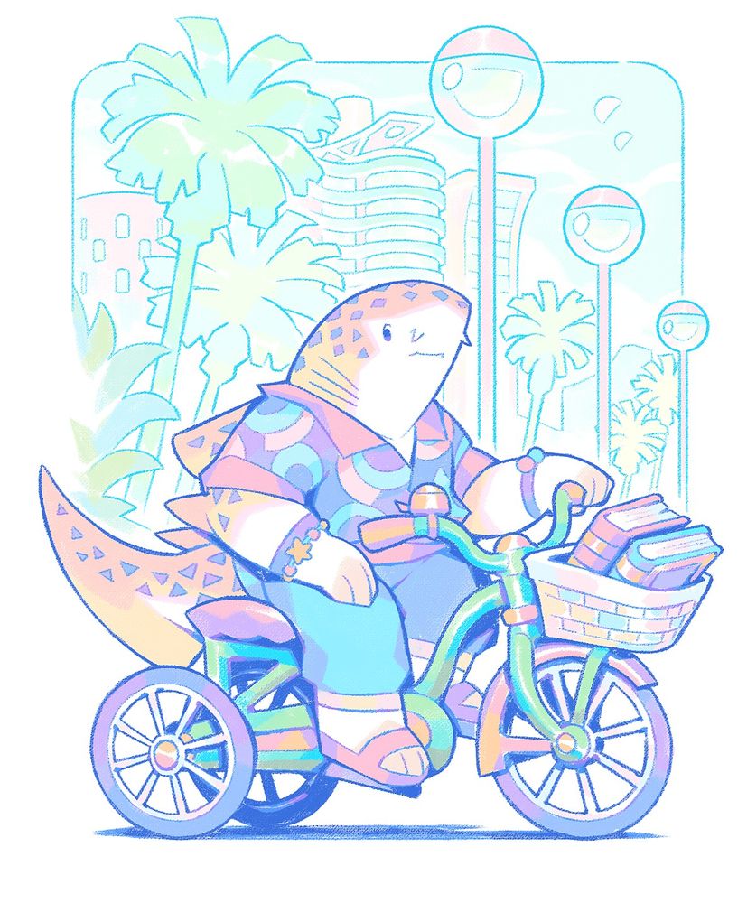 Ride Shark Time! 🚲🦈✨

Aria, the zebra shark, is out with her friends (books) for a reading day at the beach park! 📚✨

---

I really struggled with this… trike? And in Aria's anatomy, it's not ideal, but I hope it's convincing enough.

The books she's carrying are probably anthropology books about human civilization, which is her hyperfocus. These musty books were probably some of the few her mother rescued from the great library of Reeftown that was destroyed by Typhon Storm.