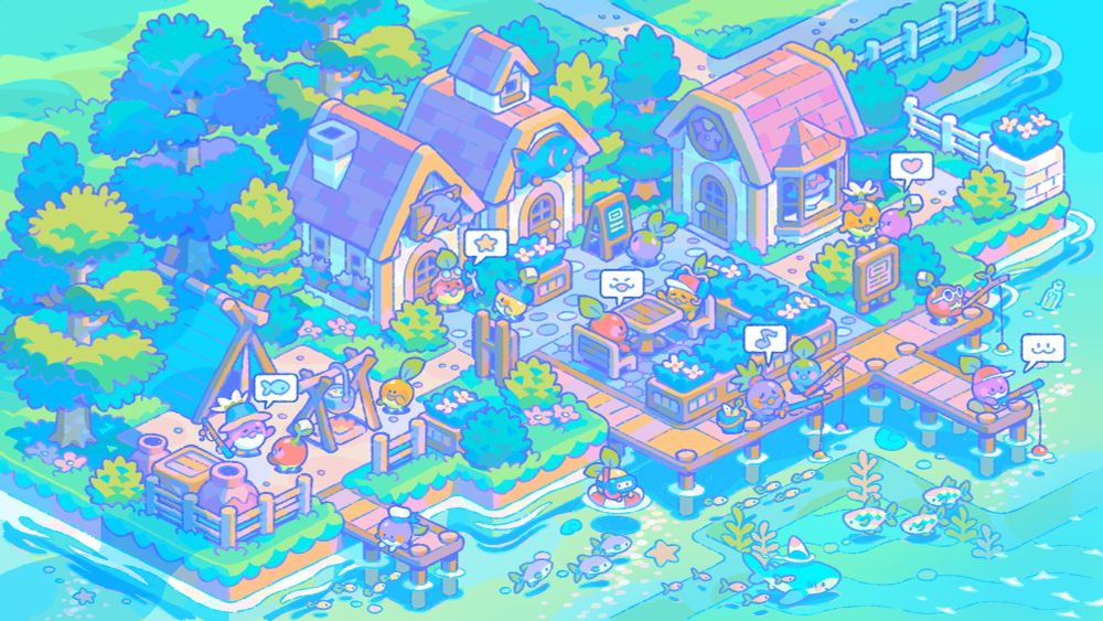 A little harbor village of Gourdlets among a cozy grove of trees, carrying out various cooperative activities related to fishing and recreation, there are little colorful fish and a shark swimming peacefully in the sea.