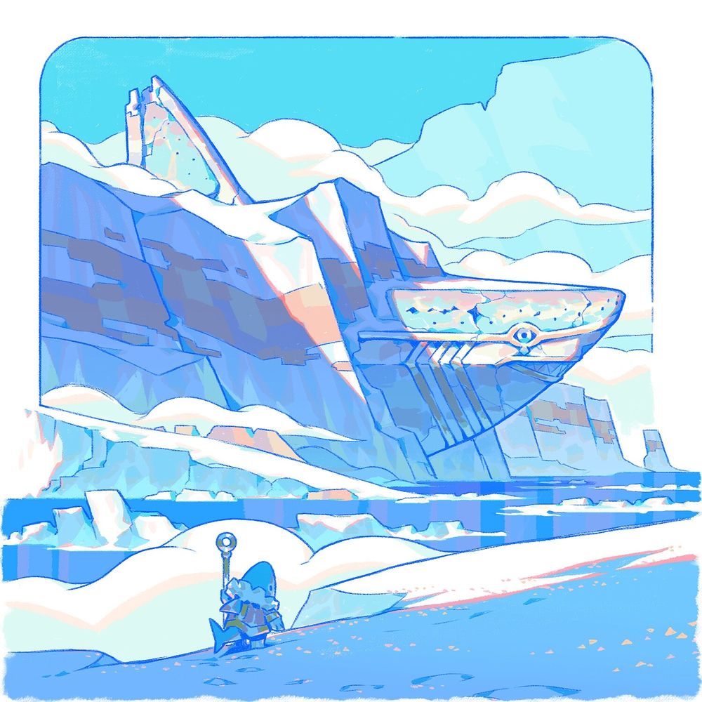 The little shark pilgrim is admiring his new discovery, a monolithic statue of the shark goddess encrusted in the ice.  It was possible to see the small windows and their eyes that have carved tears.