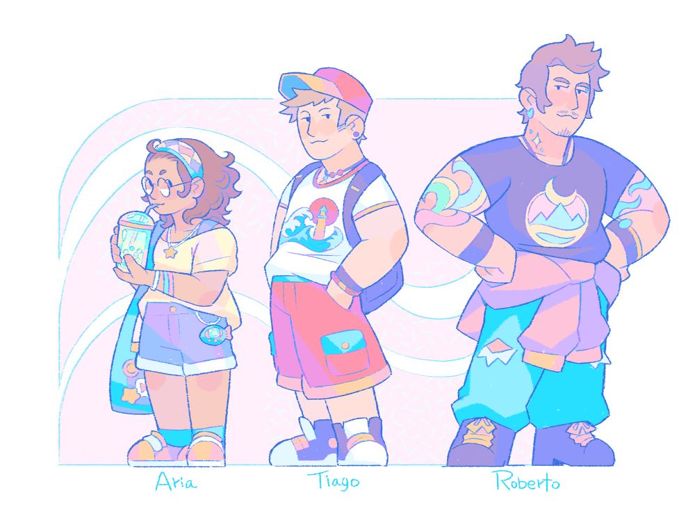 Illustration showing a human redesign of my three sharkfolk characters Aria, Tiago, and Roberto.

Aria is depicted as a short woman with curly hair and possibly Afro-Brazilian descent. She wears a headband, purple shorts, a yellow off-the-shoulder top, and Velcro shoes. She carries a bag adorned with pins, a virtual pet in the shape of a fish attached to her waist, and holds a large cup of bubble tea. Around her neck, she wears a necklace with a star pendant.

Tiago appears as a man of average height, with short, spiky hair, possibly of Japanese-Brazilian descent. He wears a cap, red cargo shorts, a white shirt printed with a large wave hitting a lighthouse under a sun in the background, a colourful jewellery necklace and trainers. On his back, he carries a black backpack.

Roberto is depicted as a tall man with short, wavy hair, a sparse beard and moustache, possibly of Italian-Brazilian descent. He wears a black shirt printed with the pyramids of Giza under a large moon, blue jeans torn at the knees and black boots. He has a pink jacket tied around his waist.