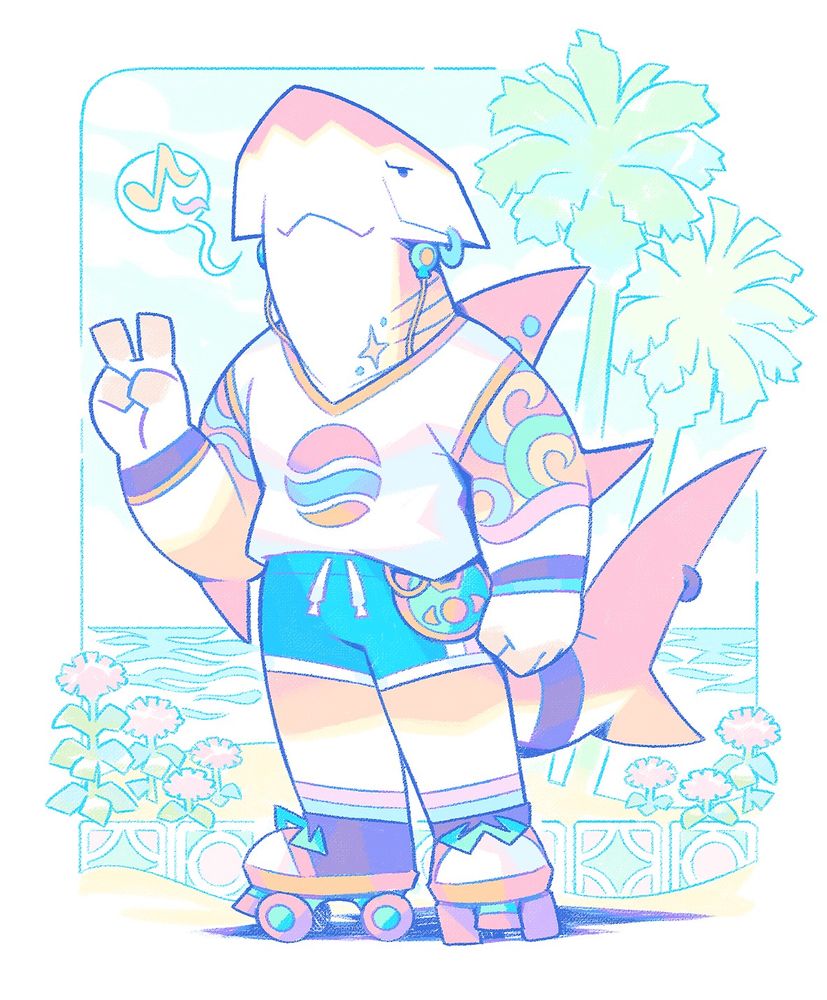 Roller Shark Time! 🦈✨

Sharks Also do Rollerskating at the Beach ~ 🌴✨

Another sketch of my Sharkfolk. Roberto, the great hammerhead shark, likes to roller skate while being inspired by a good soundtrack. 🎶✨