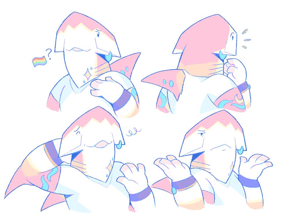 An attempt to illustrate four expressions of my OC Roberto, the great hammerhead shark.

In the first, he has a curious, uncertain expression with his right hand on his chest. 

In the second, he is looking sideways with a neutral expression, his index finger touching his chin.

In the third, he has a silly, smiling expression, as if apologizing for something, with his right hand behind his head and his left hand with an open palm.

In the fourth, he looks indignant and annoyed about something, shrugging his shoulders.