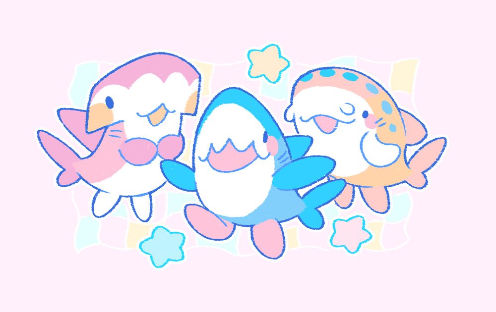 Illustration of three tiny sharks in the style of Tamagotchi digital pets. A little pink hammerhead shark, a little blue mako shark, and a little yellow zebra shark with blue spots.