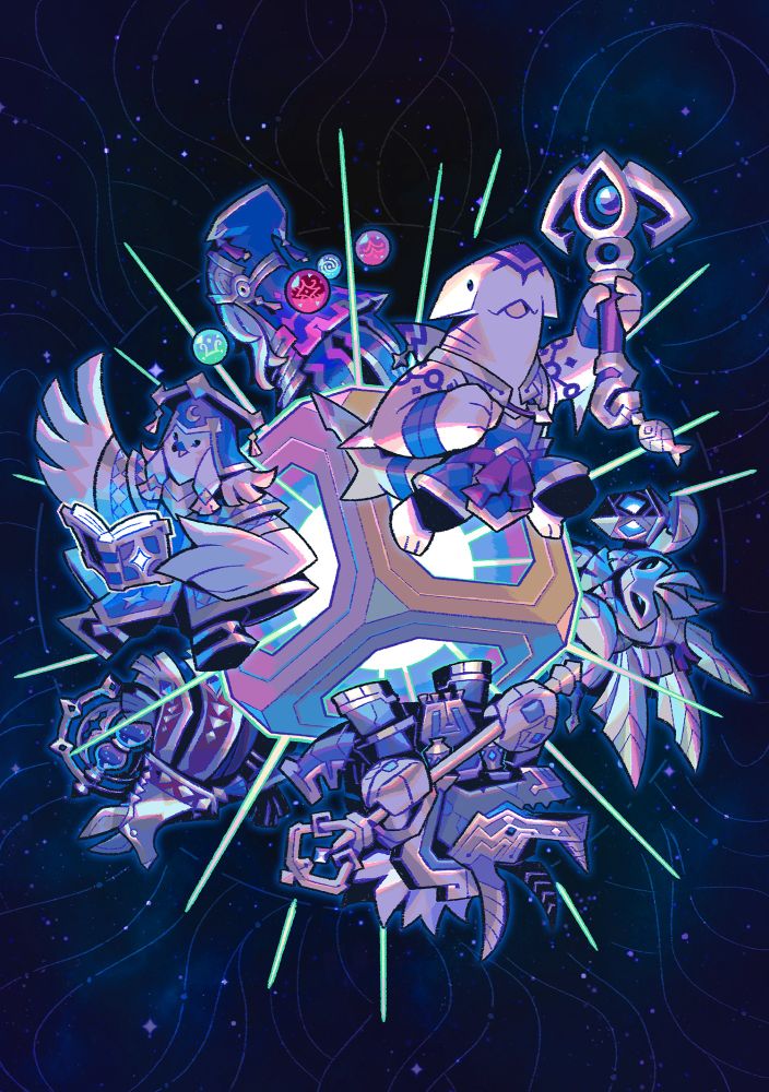 Cover illustration for Astrea: Six-Sided Oracles, a roguelike dice-building game for which I was art director.

The image features the six oracles of the celestial deity Astrea, arranged in heroic poses on the faces of a large hollow golden cube. In the center of the structure shines a resplendent star.

The oracles are:

Moonie, the Astral Disciple: a snowy owl dressed in robes and a hat that resembles an academic cap, with a scholarly appearance. Carries a magic stellar grimoire.

Cellarius, the Tide Hammer: an imposing hammerhead shark dressed like a warrior monk, wielding a large hammer in the shape of an anchor.

Hevelius, the Ancient Warden: a robust golem that combines the characteristics of a crocodile and a rhinoceros. Carries a magical crosier.

Austra, the Will of the Winds: a winged being combining wasp and moth traits, carrying a magic lamp.

Sothis, the Outcast Prince: a figure wrapped in robes, his face hidden by a helmet reminiscent of Anubis from Egyptian mythology. Wielding a chakra with an hourglass.

Orion, the Star Whisperer: an enigmatic being resembling a hooded squid, sitting in the lotus position on a floating platform. His appearance is reminiscent of the wise wizard archetype, with tentacles that resemble a white beard. Four mysterious orbs orbit around it.