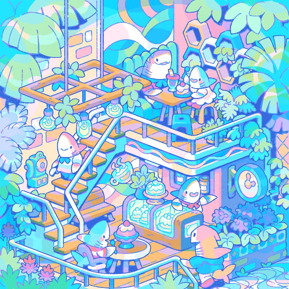 A cozy little shark bistro nestled among lots of plants.