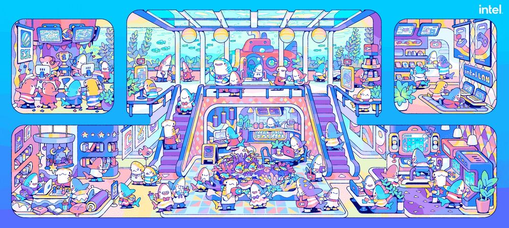 Artwork created for an Intel Gaming deskmat entitled Sharkade. The scene depicts a large underwater shopping mall and convention center, vibrant and full of little sharks engaged in different activities.

On the left, on the top floor, a shark and a dolphin compete in a Starcraft-style RTS championship, surrounded by fans. Downstairs, a bookstore houses a nook where young sharks in medieval costumes play tabletop RPGs.

To the right, on the upper floor, two sharks play an FPS together in a gamer electronics and accessories store. On the level below, an arcade attracts attention: a shark dances on a rhythm machine while others enjoy arcade games.

In the center, through the main entrance on the upper floor, new visitors arrive brought by a sea bus. On the first floor, between escalators, a bistro welcomes sharks who relax with their laptops or take photos near a coral garden full of little fish.