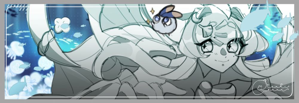 a b&w sketch of a woman floating underwater, she's looking to at a blue puff ball that is reaching up for something.