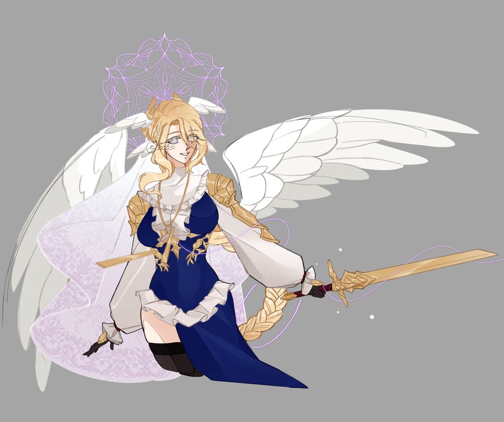 A blonde female angel with purple eyes and two moles underneath her left eye, she has two bird wings behind her back and two pairs of wings sprouting from her head. She's holding a cleanly cut gold sword while looking at the viewer with a smile on her face.